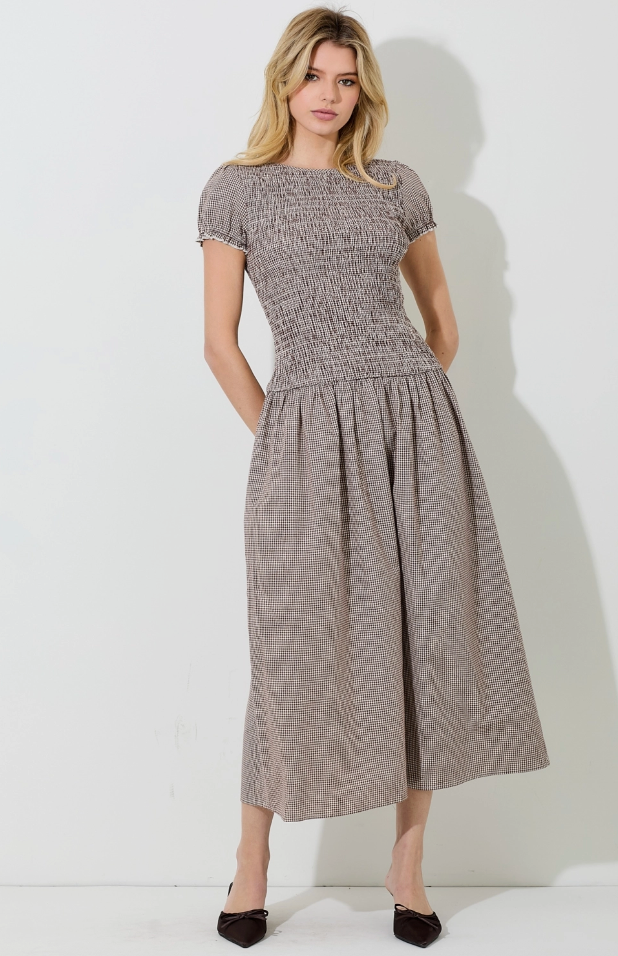 Brown Smocked Puff Sleeve Dress