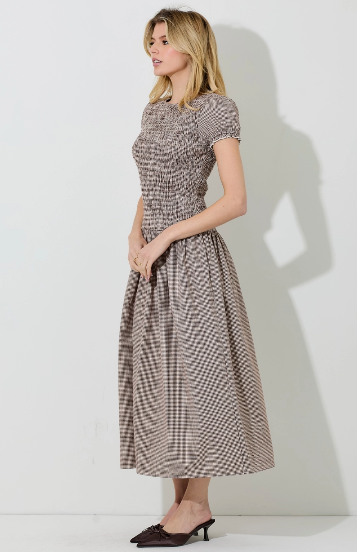 Brown Smocked Puff Sleeve Dress