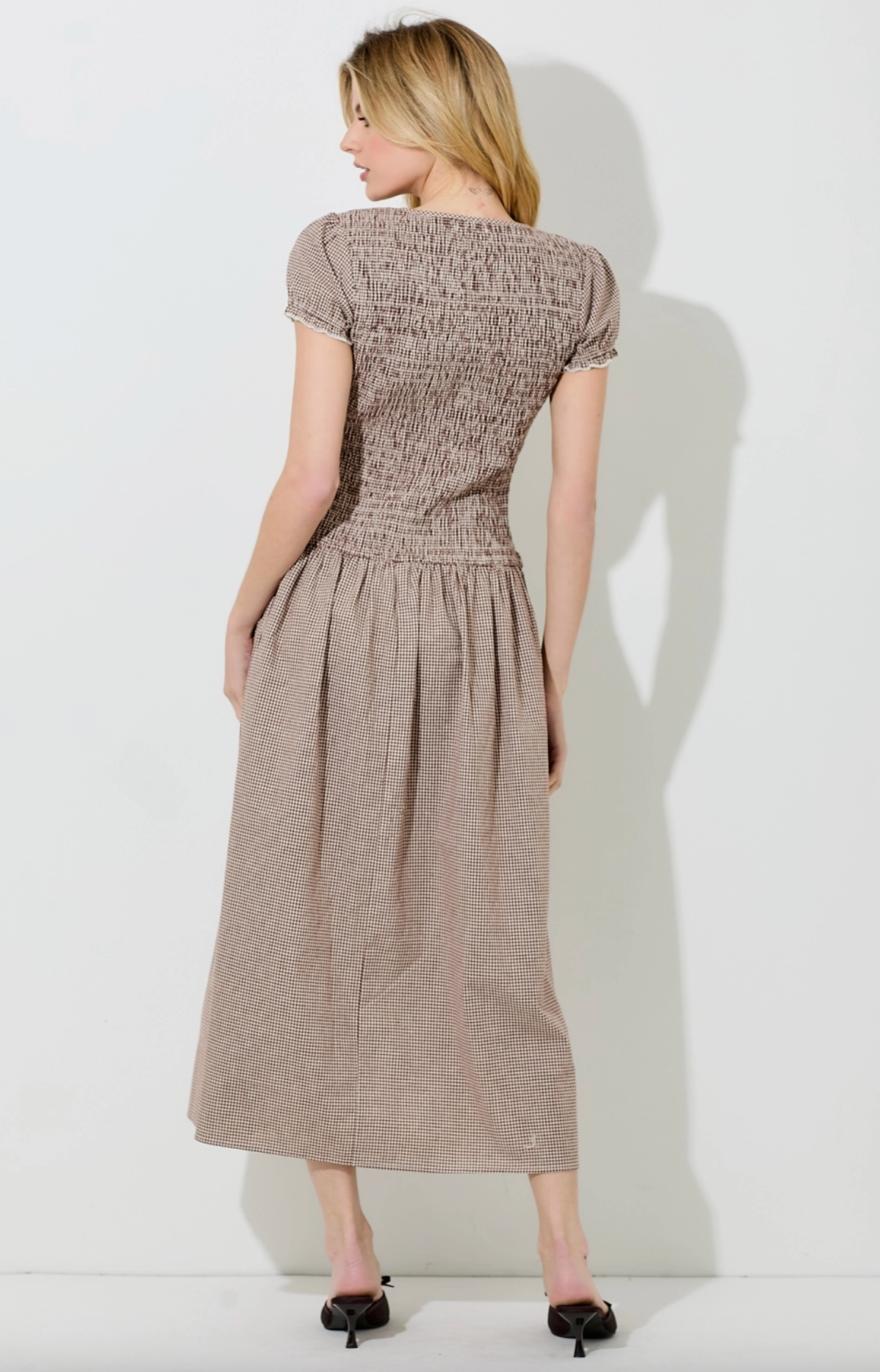 Brown Smocked Puff Sleeve Dress